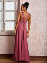 Robe à Col en V Plongeant et Dos Ouvert avec Volants et Jupe en Cascade Cannelle Rose