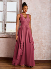 Robe à Col en V Plongeant et Dos Ouvert avec Volants et Jupe en Cascade Cannelle Rose