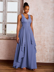 Robe à Col en V Plongeant et Dos Ouvert avec Volants et Jupe en Cascade Pervenche