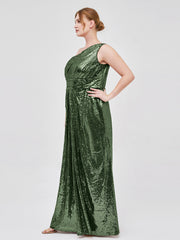 One Épaule Longue Paillettes Robe Olive Verte Grande Taille