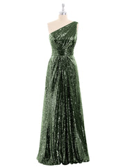 One Épaule Longue Paillettes Robe Olive Verte