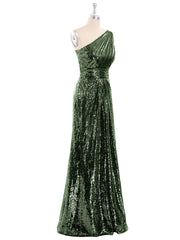 One Épaule Longue Paillettes Robe Olive Verte