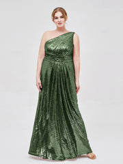 One Épaule Longue Paillettes Robe Olive Verte Grande Taille