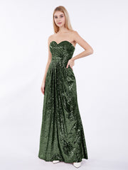 Sans Bretelle Longueur Pleine Paillettes Robe Olive Verte Grande Taille