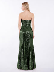 Sans Bretelle Longueur Pleine Paillettes Robe Olive Verte
