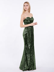 Sans Bretelle Longueur Pleine Paillettes Robe Olive Verte