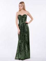 Sans Bretelle Longueur Pleine Paillettes Robe Olive Verte