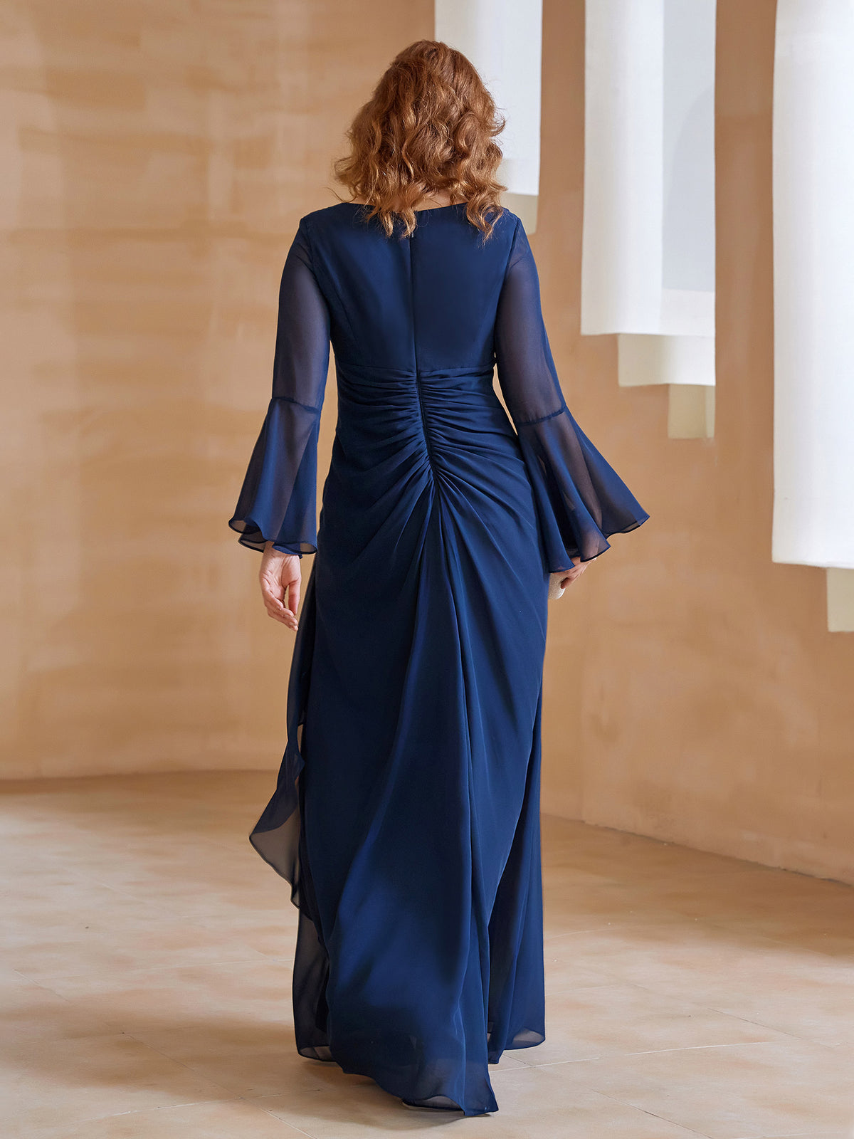 BABARONI Mousseline Bleu Marine Robes De Mère De La Mariée Fourreau Col ...