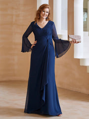 Robe en Mousseline de A-ligne à Col en V avec Manches Longues Longueur au Sol Bleu Marine Grande Taille