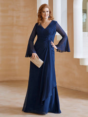 Robe en Mousseline de A-ligne à Col en V avec Manches Longues Longueur au Sol Bleu Marine