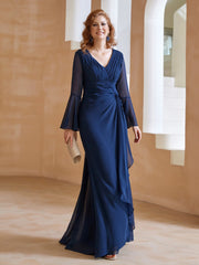 Robe en Mousseline de A-ligne à Col en V avec Manches Longues Longueur au Sol Bleu Marine Grande Taille