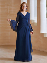 Robe en Mousseline de A-ligne à Col en V avec Manches Longues Longueur au Sol Bleu Marine Grande Taille