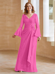 Robe en Mousseline de A-ligne à Col en V avec Manches Longues Longueur au Sol Azalée