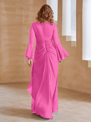 Robe en Mousseline de A-ligne à Col en V avec Manches Longues Longueur au Sol Azalée