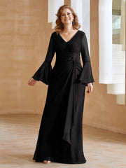 Robe en Mousseline de A-ligne à Col en V avec Manches Longues Longueur au Sol Noir
