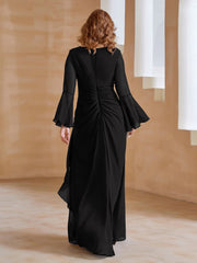Robe en Mousseline de A-ligne à Col en V avec Manches Longues Longueur au Sol Noir Grande Taille