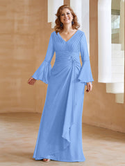 Robe en Mousseline de A-ligne à Col en V avec Manches Longues Longueur au Sol Bleu Grande Taille