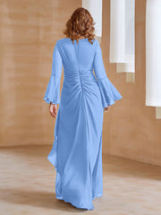 Robe en Mousseline de A-ligne à Col en V avec Manches Longues Longueur au Sol Bleu