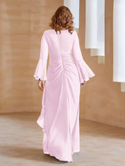 Robe en Mousseline de A-ligne à Col en V avec Manches Longues Longueur au Sol Rose Pâle Grande Taille
