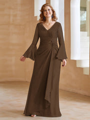 Robe en Mousseline de A-ligne à Col en V avec Manches Longues Longueur au Sol Brun