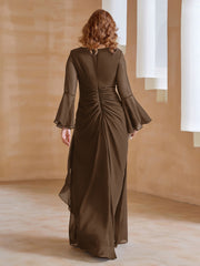 Robe en Mousseline de A-ligne à Col en V avec Manches Longues Longueur au Sol Brun