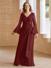 Robe en Mousseline de A-ligne à Col en V avec Manches Longues Longueur au Sol Bordeaux