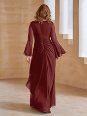 Robe en Mousseline de A-ligne à Col en V avec Manches Longues Longueur au Sol Bordeaux Grande Taille