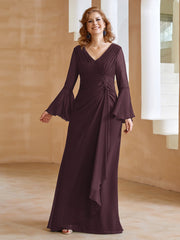 Robe en Mousseline de A-ligne à Col en V avec Manches Longues Longueur au Sol Cabernet
