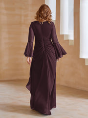 Robe en Mousseline de A-ligne à Col en V avec Manches Longues Longueur au Sol Cabernet
