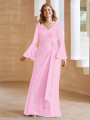 Robe en Mousseline de A-ligne à Col en V avec Manches Longues Longueur au Sol Rose Bonbon Grande Taille