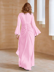 Robe en Mousseline de A-ligne à Col en V avec Manches Longues Longueur au Sol Rose Bonbon