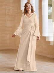 Robe en Mousseline de A-ligne à Col en V avec Manches Longues Longueur au Sol Champagne Grande Taille