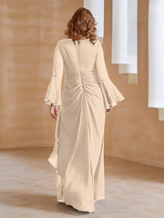 Robe en Mousseline de A-ligne à Col en V avec Manches Longues Longueur au Sol Champagne Grande Taille