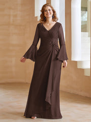 Robe en Mousseline de A-ligne à Col en V avec Manches Longues Longueur au Sol Chocolat Grande Taille
