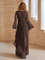 Robe en Mousseline de A-ligne à Col en V avec Manches Longues Longueur au Sol Chocolat Grande Taille