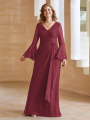 Robe en Mousseline de A-ligne à Col en V avec Manches Longues Longueur au Sol Cannelle Rose