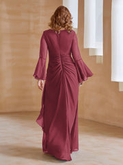 Robe en Mousseline de A-ligne à Col en V avec Manches Longues Longueur au Sol Cannelle Rose