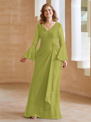 Robe en Mousseline de A-ligne à Col en V avec Manches Longues Longueur au Sol Trèfle
