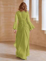 Robe en Mousseline de A-ligne à Col en V avec Manches Longues Longueur au Sol Trèfle Grande Taille