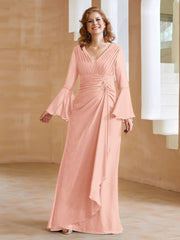 Robe en Mousseline de A-ligne à Col en V avec Manches Longues Longueur au Sol Corail