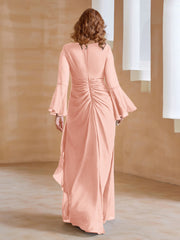 Robe en Mousseline de A-ligne à Col en V avec Manches Longues Longueur au Sol Corail