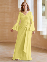 Robe en Mousseline de A-ligne à Col en V avec Manches Longues Longueur au Sol Jonquille Grande Taille