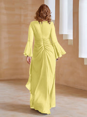 Robe en Mousseline de A-ligne à Col en V avec Manches Longues Longueur au Sol Jonquille Grande Taille