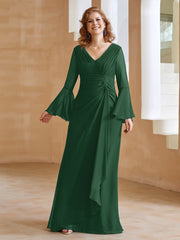 Robe en Mousseline de A-ligne à Col en V avec Manches Longues Longueur au Sol Vert Foncé Grande Taille