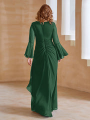 Robe en Mousseline de A-ligne à Col en V avec Manches Longues Longueur au Sol Vert Foncé Grande Taille