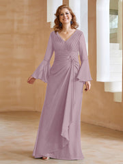 Robe en Mousseline de A-ligne à Col en V avec Manches Longues Longueur au Sol Dusk