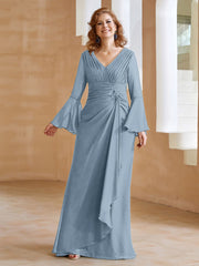 Robe en Mousseline de A-ligne à Col en V avec Manches Longues Longueur au Sol Bleu Poudré