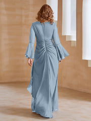 Robe en Mousseline de A-ligne à Col en V avec Manches Longues Longueur au Sol Bleu Poudré Grande Taille