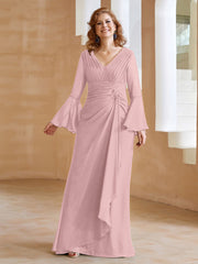Robe en Mousseline de A-ligne à Col en V avec Manches Longues Longueur au Sol Rose Poudré Grande Taille