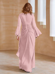 Robe en Mousseline de A-ligne à Col en V avec Manches Longues Longueur au Sol Rose Poudré Grande Taille